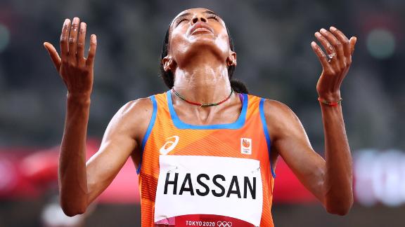 Dutch runner Sifan Hassan celebrates after winning <a href=