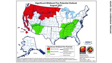 This map shows the wildfire outlook through September.