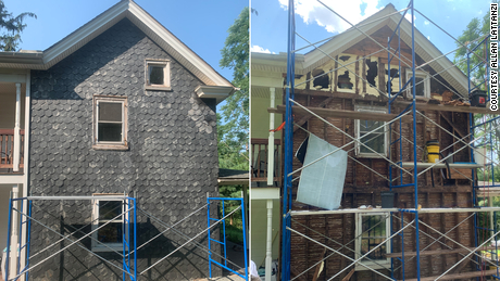 The farmhouse is seen before the bee removal, left, and during the process, right.