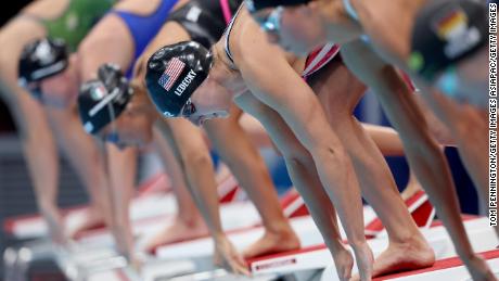 Ledecky prepares to compete in the women's 800m freestyle final at the Tokyo Olympics.