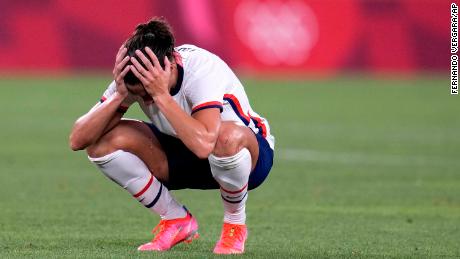 Carli Lloyd reacts after being defeated 1-0 by Canada during the women&#39;s semifinal soccer match at the 2020 Summer Olympics.