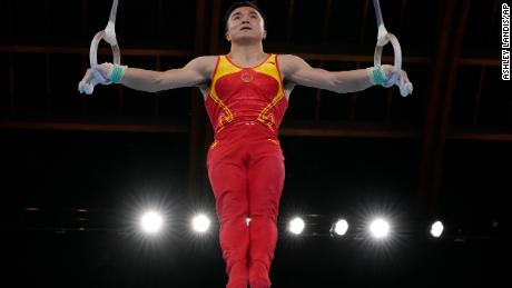 Liu Yang, of China, performs on the rings during the artistic gymnastics men&#39;s apparatus final at the 2020 Summer Olympics, Monday, Aug. 2, 2021, in Tokyo, Japan.