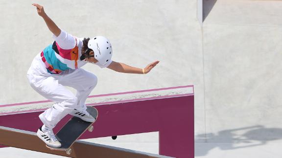 Japan's Momiji Nishiya competes at the Olympic street skateboarding preliminaries on July 26.