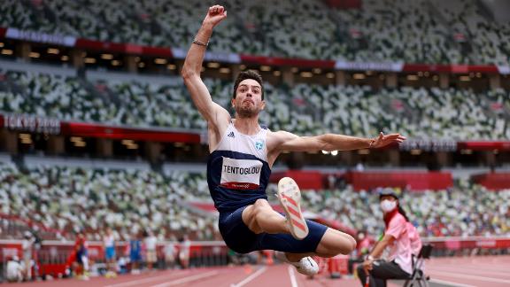 Greece's Miltiadis Tentoglou competes in the long jump on August 2. Both he and Cuba's Juan Miguel Echevarria had a top jump of 8.41 meters, but <a href=