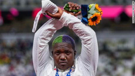 Raven Saunders poses with her silver medal in women&#39;s shot put at the 2020 Summer Olympics in Tokyo, Japan. 