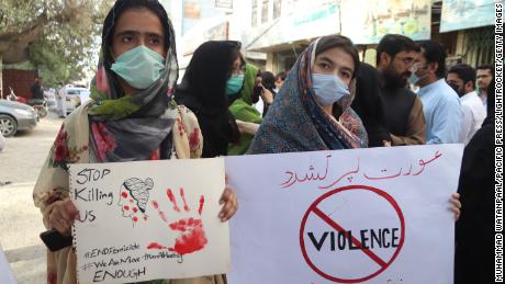 Members of Women Democratic Front and Civil Society Organization protest against violence after Noor Mukkadam&#39;s murder.  