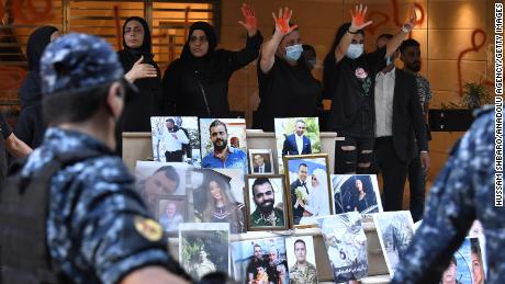  Relatives of the victims of Beirut Port blast gather in front of the house of Lebanon&#39;s Interior Minister, Mohammad Fahmi during a protest demanding the fair conduct of the investigation for the explosion in the Port of Beirut on Aug 4th in 2020,  in Beirut, Lebanon on July 13, 2021. 