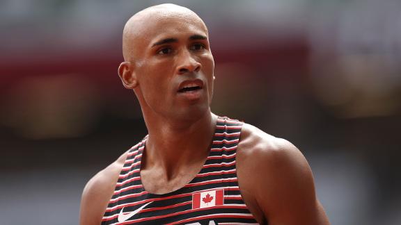 Warner reacts during the men's decathlon 100m heats on day twelve of the Tokyo 2020 Olympic Games.