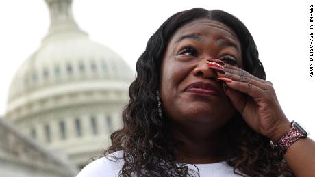U.S. Rep. Cori Bush (D-MO) becomes emotional during a news conference on the eviction moratorium at the Capitol on August 03, 2021 in Washington, DC.