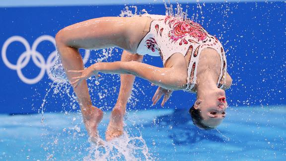 Ukraine's Marta Fiedina competes in artistic swimming's duet final on August 4. She and Anastasiya Savchuk won the bronze. The gold was won by Russians Svetlana Kolesnichenko and Svetlana Romashina.