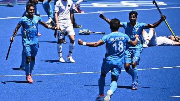 Indian players celebrate after winning the men's bronze medal match.