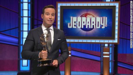 Mike Richards accepts the award for Outstanding Game Show for Jeopardy! during the 48th Annual Daytime Emmy Awards broadcast on June 25, 2021.