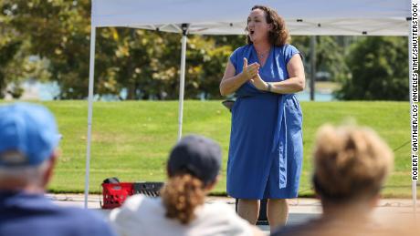Rep. Katie Porter speaks during a town hall meeting with at Mike Ward Community Park in Irvine, California last month. That town hall was interrupted by protesters. 