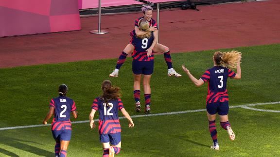 The United States' Megan Rapinoe celebrates with her teammates after scoring the opening goal of the bronze-medal match against Australia on August 5. It was an Olimpico goal, which is a goal straight from a corner kick, and she later added another score as <a href=