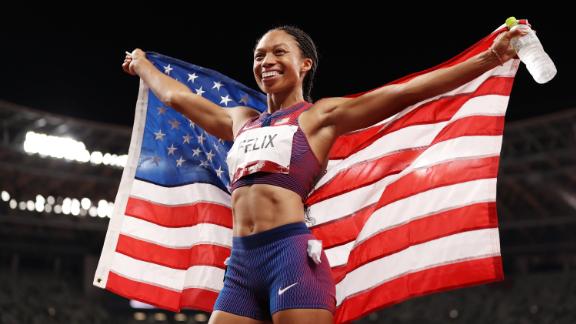 The United States' Allyson Felix celebrates after <a href=