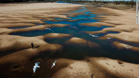Os pássaros voam sobre o leito de rio exposto do antigo rio Paraná durante uma seca em Rosário, Argentina.