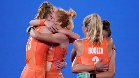 The Netherlands' field hockey team celebrates their 3-1 win over Argentina in the gold-medal match on August 6. The Netherlands became the first country <a href=