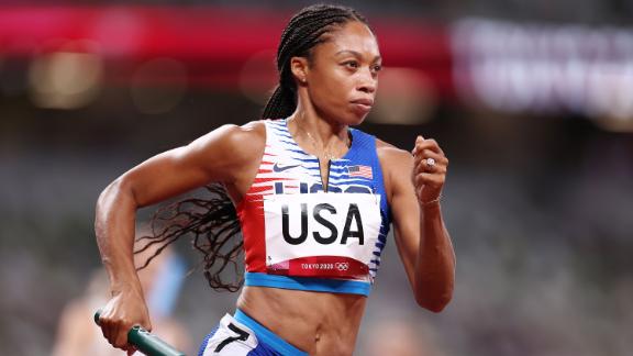 The United States' Allyson Felix runs in the 4x400-meter relay on August 7. The US team won gold, making Felix <a href=