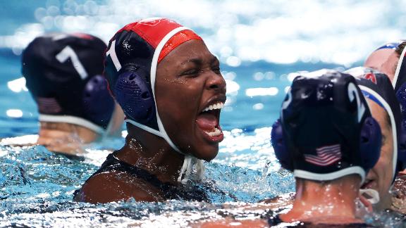 Ashleigh Johnson celebrates after the United States defeated Spain in the <a href=
