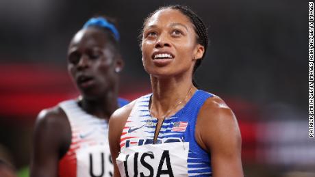 Allyson Felix reacts after winning the gold medal in the women&#39; s 4 x 400m relay final at Tokyo 2020. 