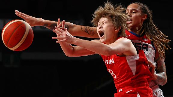 The United States' Brittney Griner, right, defends Japan's Maki Takada during the gold-medal basketball game on August 8. Griner scored 30 points as <a href=