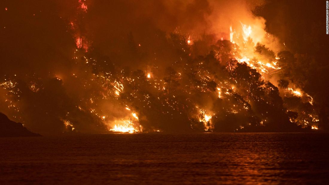 Wildfire approaches the seaside village of Limni, on the Greek island of Evia, on August 6.