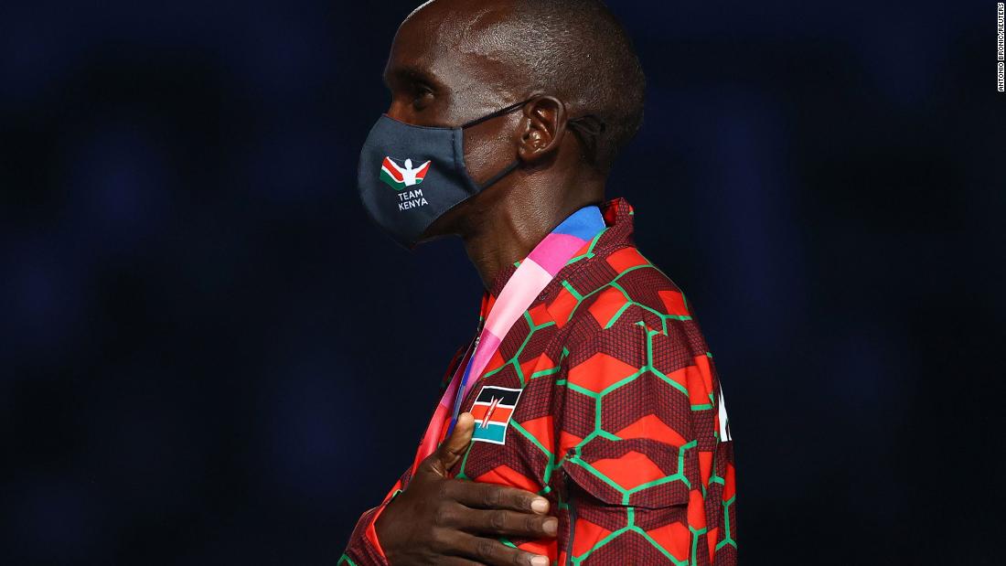 Kenya&#39;s Eliud Kipchoge, who won the gold medal in the marathon, listens as his country&#39;s National Anthem is played during his medal ceremony. The medal ceremonies for both the men&#39;s and women&#39;s marathon took place during the closing ceremony. And that meant two playings of the Kenyan National Anthem, as Kenya&#39;s Peres Jepchirchir won gold in the women&#39;s event.
