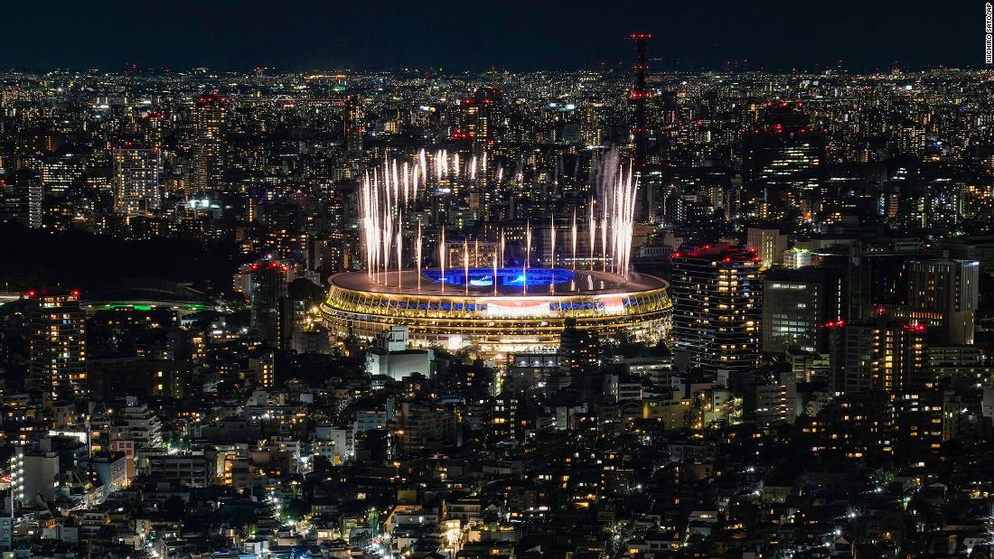 Fireworks explode over the National Stadium.