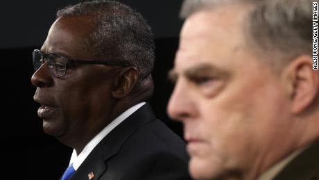 ARLINGTON, VIRGINIA - JULY 21:  U.S. Secretary of Defense Lloyd Austin (L) and Chairman of Joint Chiefs of Staff Gen. Mark Milley (R) participate in a news briefing at the Pentagon July 21, 2021 in Arlington, Virginia. 