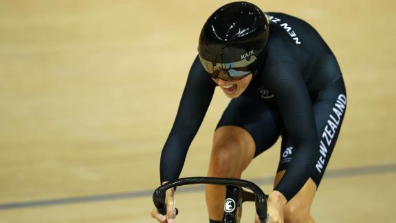 Podmore competes in the women's team sprint qualifying at the Rio 2016 Olympic Games.