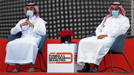 Saudi Sports Minister Prince Abdulaziz bin Turki (L) speaks as he is joined by the Khalid bin Sultan al-Faisal, Chairman of the Saudi Automobile and Motorcycle Federation, during a press conference to announce the Saudi Arabian Grand Prix as part of the 2021 F1 calendar, in the Red Sea coastal city of Jeddah on November 5, 2020. - Saudi Arabia said it will host a Formula One Grand Prix for the first time next year, with a night race in the Red Sea city of Jeddah. Saudi Arabia had been pencilled in for the 2021 season as part of a record 23-race Formula One programme, as the sport seeks to bounce back from a shortened 2020 season that has been disrupted by the coronavirus pandemic. (Photo by Amer HILABI / AFP) (Photo by AMER HILABI/AFP via Getty Images)