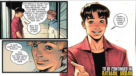 The last page of the comic sees Robin (out of costume as Tim Drake) gladly accept a date with his friend Bernard. 