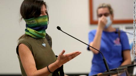 Kelly Doyle, whose son starts high school next week, advocates against masks in schools at a Broward County School Board meeting on Tuesday.