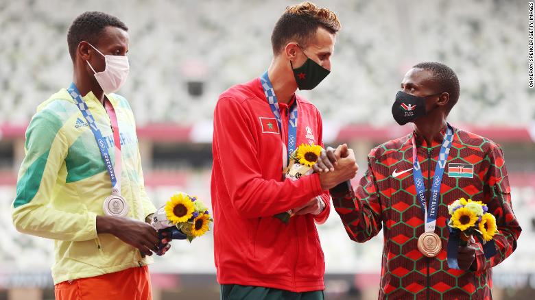 <strong>Soufiane El Bakkali, Morocco:</strong> Morocco made history with its <a href="https://olympics.com/tokyo-2020/olympic-games/en/results/all-sports/noc-profile-morocco.htm" target="_blank">first</a> gold in the men's 3,000m steeplechase, when El Bakkali topped an all-Africa podium ahead of Ethiopia's Lamecha Girma (left) who took silver and Kenya's Benjamin Kigen (right) with the bronze.