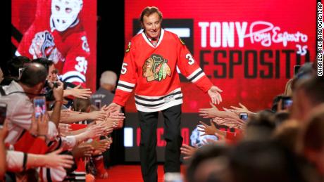 Chicago Blackhawks great Tony Esposito is introduced to the fans during the Blackhawks&#39; convention in Chicago on July 15, 2016. 