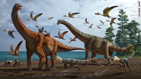 An artist&#39;s illustration showing Silutitan sinensis (left) and Hamititan xinjiangensis (right), with other theropods and dinosaur species in the surroundings.