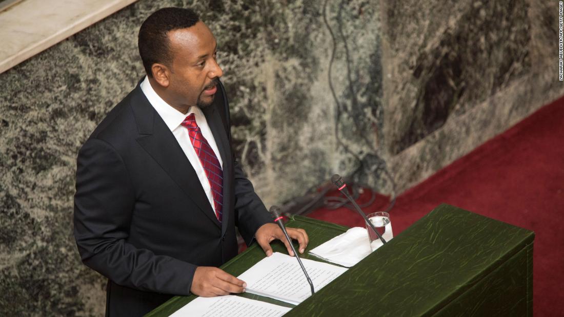 Abiy addresses the nation&#39;s parliament in Addis Ababa after his swearing in ceremony in April 2018. 