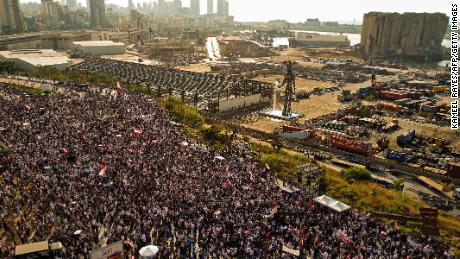 An aerial view of demonstrators gathered on August 4, 2021 -- the first anniversary of the blast that ravaged Beirut&#39;s port.