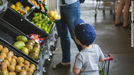 A toddler pushes a small shopping cart while walking with his mother at a farmers market.