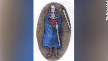 A reconstruction drawing of the person buried at a grave in Suontaka, Finland. The authors of a new analysis believe the person in the grave may have been nonbinary. 