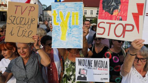 People attend "Free media" protest in Wadowice, Poland on August 10, 2021. 