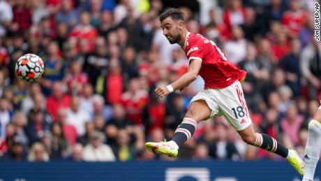 Manchester United&#39;s Bruno Fernandes scores his third goal in Manchester United&#39;s 5-1 win over Leeds United at Old Trafford.