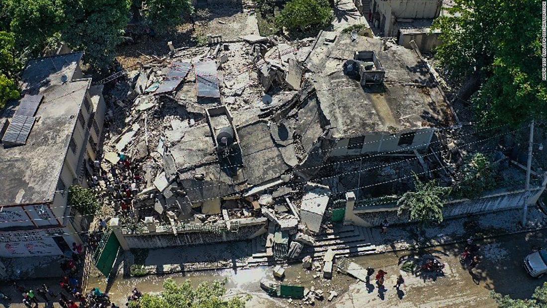 A drone photographs the damage caused by the earthquake in Les Ceyes, Haiti.