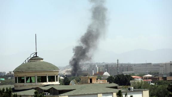 Smoke rises next to the U.S. Embassy in Kabul, Afghanistan, on Sunday, August 15, 2021.