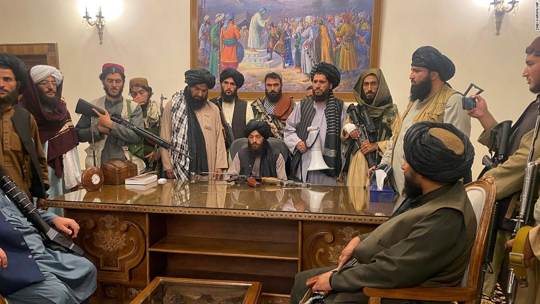Taliban fighters sit inside the presidential palace in Kabul in August 2021. The palace was &lt;a href=&quot;https://www.cnn.com/2021/08/15/politics/biden-administration-taliban-kabul-afghanistan/index.html&quot; target=&quot;_blank&quot;&gt;handed over to the Taliban&lt;/a&gt; after being vacated hours earlier by Afghan government officials.  Many of Afghanistan's major cities had already fallen to the insurgent group with little to no resistance.