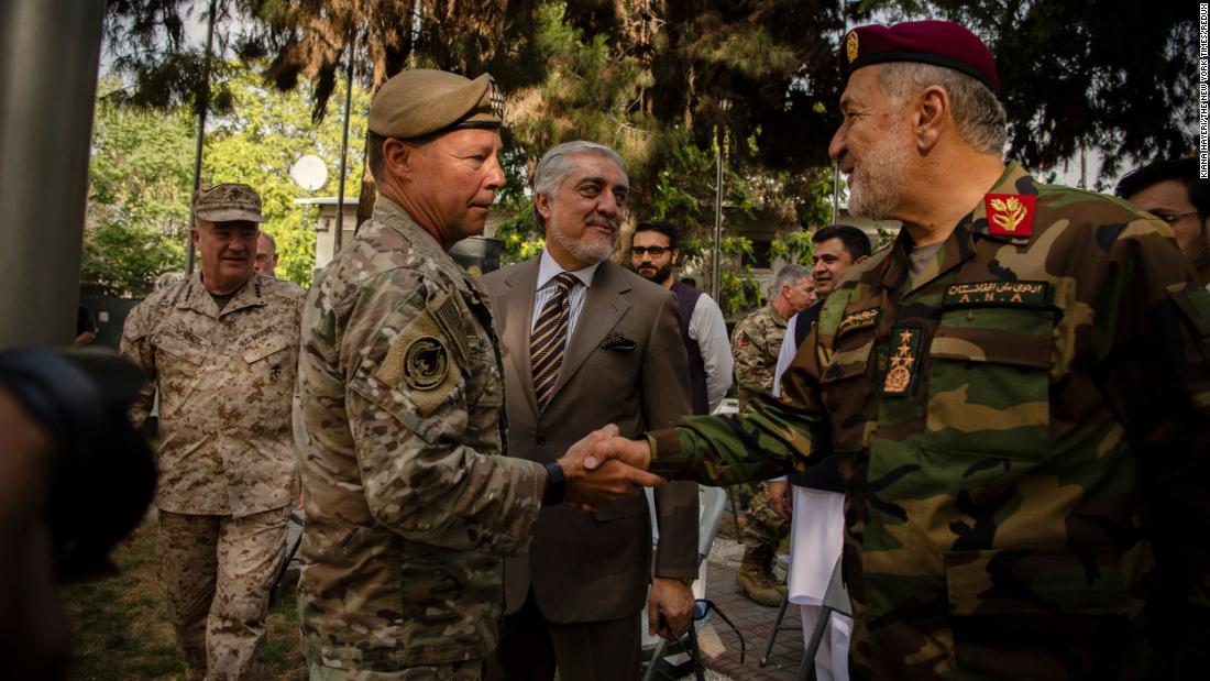 US Gen. Austin S. Miller, left, greets Gen. Bismillah Khan Mohammadi, Afghanistan&#39;s defense minister, during a change-of-command ceremony in Kabul on July 12. Miller, the top American general in Afghanistan, was stepping down, a symbolic moment as the United States neared the end of its &lt;a href=&quot;http://www.cnn.com/2021/04/14/middleeast/gallery/afghanistan-war/index.html&quot; target=&quot;_blank&quot;&gt;20-year-old war in the country.&lt;/a&gt;