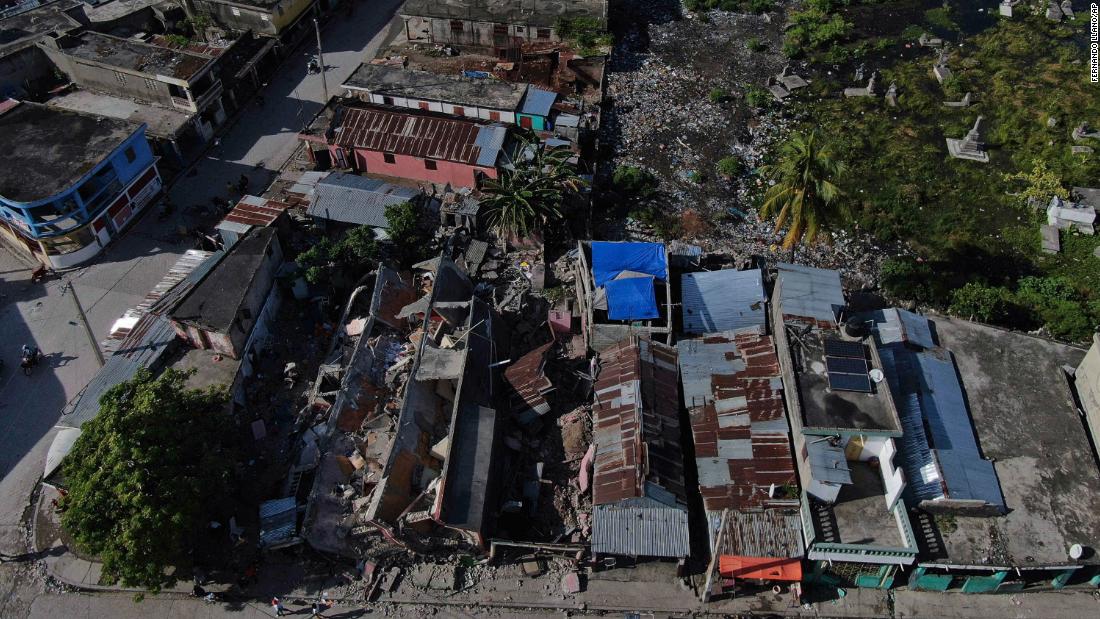 An aerial view of collapsed buildings in Les Cayes.