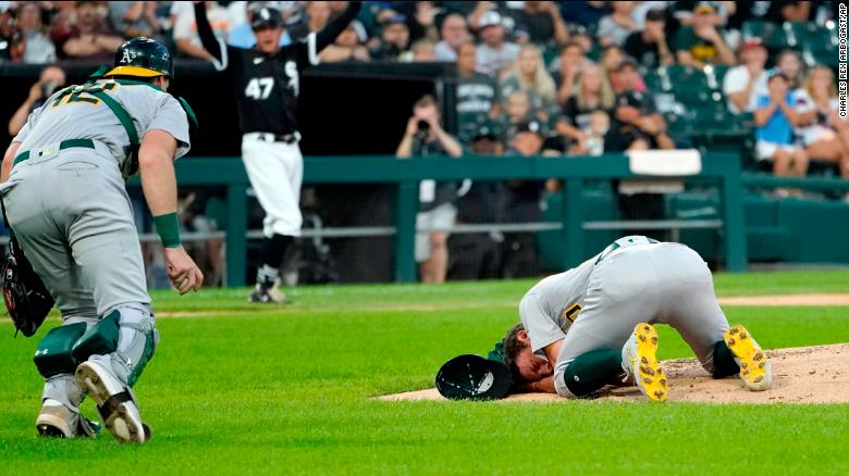 Oakland A’s pitcher Chris Bassitt conscious after line drive hit him in his face, manager says