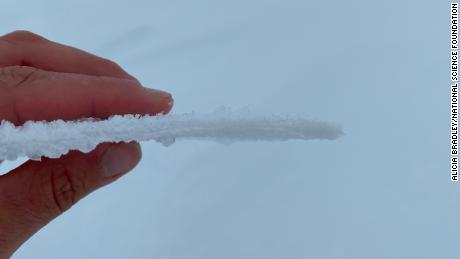 A Greenland researcher holds a thin piece of ice that formed when rain fell on top of the snow at the Greenland summit on Saturday.