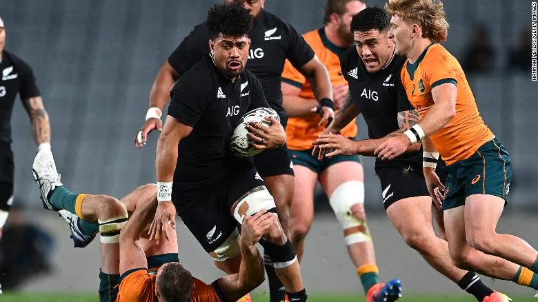 Ardie Savea of the All Blacks is tackled during The Rugby Championship and Bledisloe Cup match against the Wallabies.